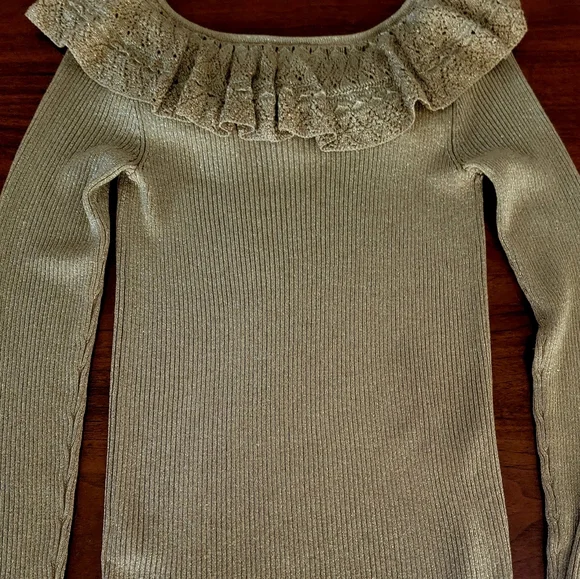 Lauren Ralph Lauren Gold Metallic Sweater Small Ruffle Crochet Pointelle Collar - Picture 3 of 9
